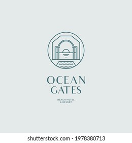 Door and ocean sun set icon logo icon symbol line art minimal vector illustration design