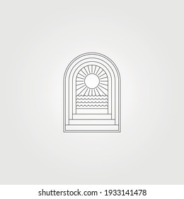 door and ocean sunburst icon logo vector symbol minimal illustration design, line art sea logo symbol