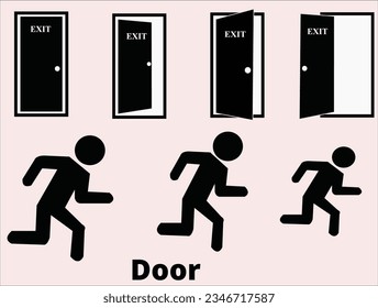 Door Office, Home exit door.  Front view opened and closed the door. Isolated vector illustration.