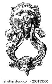door old antique handle at Rome, Italy, drawn by me, head lion door knocker, black and white vintage vector illustration