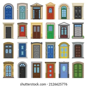 Door old vector cartoon icon set . Collection vector illustration wooden door on white background. Isolated cartoon illustration icon set of house doorway for web design.