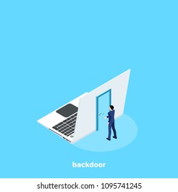 a door on the back of the laptop and a man in a business suit, an isometric image