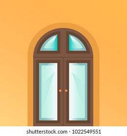 The door is on yellow background. Ancient wooden door with highlights in cartoon style