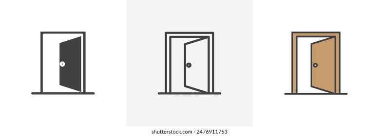 Door open flat thin line icon collection.