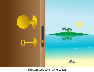 Door. Open door with a gold key and a view from an open door on the sea and the island against the sun and the sky