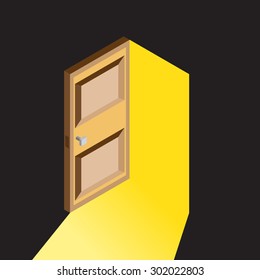 door open with the light that illuminates the dark room, isometric style
