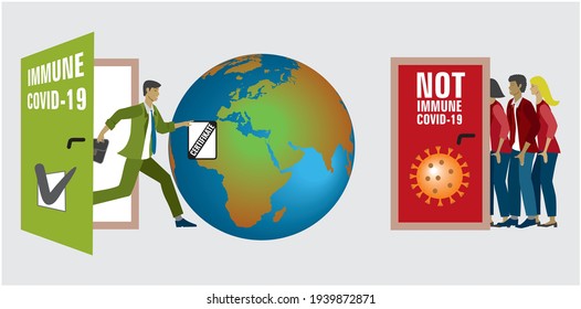 Door open for people with immunization certificate for Corona virus. Door closed for not immune people for Covid-19. Vector illustration.