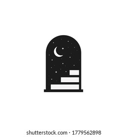 Door is open and starry night. Doorway with the moon. Vector on isolated white background. EPS 10.