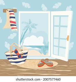 Door open to tropical landscape background. Banner with summer beach line look from house doorway, flat vector illustration. Traveling and summer sea vacation.