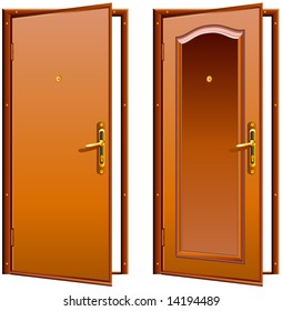 Door opened wood brown, classic design with lock, illustration