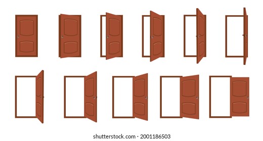 Door opening. Cartoon open and closed living room doors. House entrance with frame, home wood doorway or exit. Door animation vector frames. Door architecture to living room or office illustration