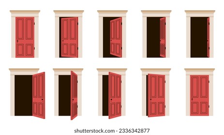 Door opening and closing set. Doorway and entrance to building. Exterior and facade. Locked and unlocked entry, exit in doorframe. Cartoon flat vector collection isolated on white backgrond