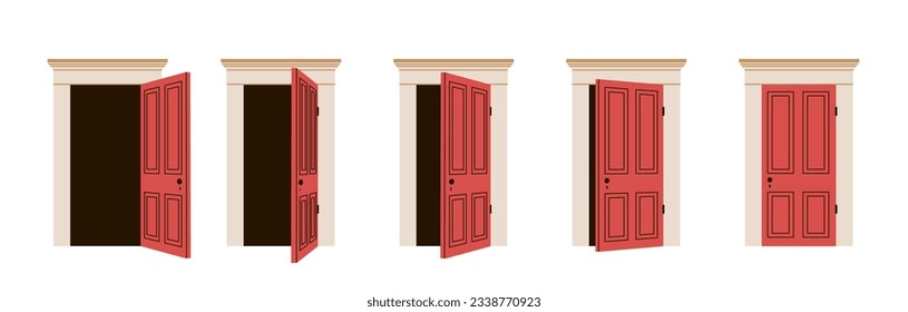 Door opening and closing set. Exit and entrance to building and office, apartment. Exterior and facade. Template, layout and mock up. Cartoon flat vector collection isolated on white background