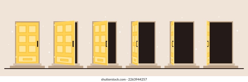 Door opening and closing set. Interior or exterior and facade. Collection of graphic elements for website. Locked and unlocked. Cartoon flat vector illustrations isolated on beige background