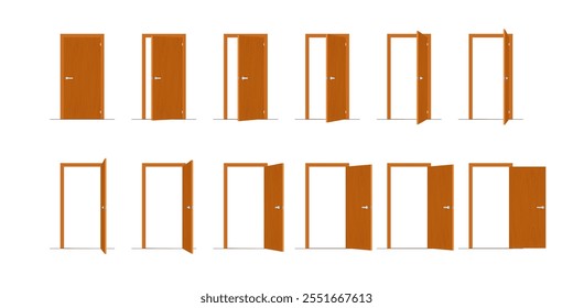 Door opening motion sequence animation. Closed, slightly ajar and open wooden doorways with doorknob. Home, room or office entry. Vector illustration