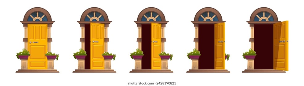 Pasos del proceso de apertura de puertas. Conjunto de ilustración vectorial de dibujos animados de la puerta delantera de la casa de madera con marco de arco en posiciones cerradas, entreabiertas y abiertas. Entrada principal con asa y flores en maceta desde el exterior.