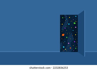 The door opening to the starry universe, copy space. Flat vector illustration