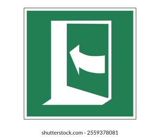 Door Opens by Pushing on the Left-Hand Side Sign Featuring a Green Background with White Arrow and Door Symbol, Available as a Vector File, ISO 7010 E022