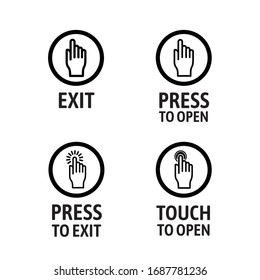 Door operation buttons, controls or icons. Vector template. Black silhouette of a hand in a circle with a signature. Push to open or press to exit. 