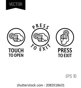 Door operation buttons, controls or icons. Vector template. Black silhouette of a hand in a circle with a signature. Push to open or press to exit. 