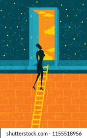 Door to Opportunity. A businesswoman climbing the corporate ladder opens a door to endless possibilities. 