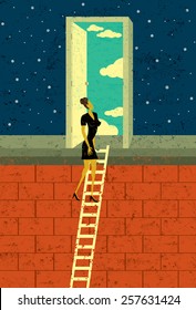 Door to Opportunity. A businesswoman climbing the corporate ladder opens a door to endless possibilities. The woman and background are on separately labeled layers.