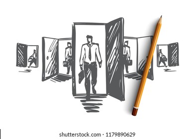 Door, opportunity, job, business, career concept. Hand drawn man standing in front of different doors concept sketch. Isolated vector illustration.