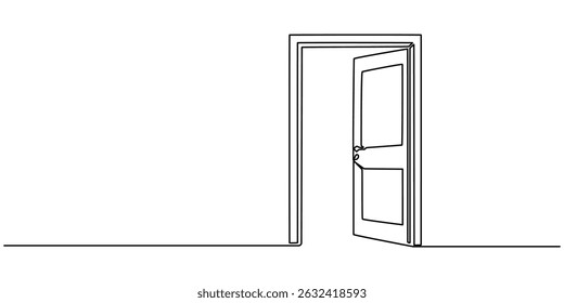 Door outline drawing illustration. one continuous line drawing of opened door, A modern line art depiction of an open door in one continuous line, Open door one line illustration, welcome sign minimal