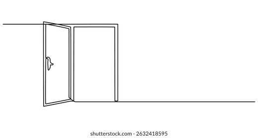 Door outline drawing illustration. one continuous line drawing of opened door, A modern line art depiction of an open door in one continuous line, Open door one line illustration, welcome sign minimal