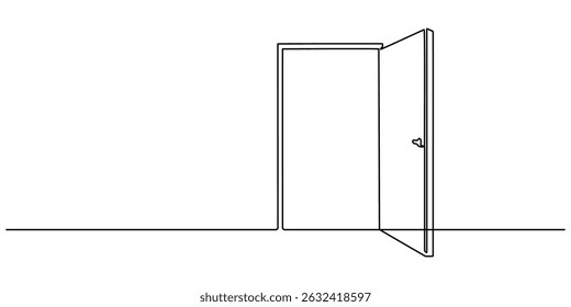 Door outline drawing illustration. one continuous line drawing of opened door, A modern line art depiction of an open door in one continuous line, Open door one line illustration, welcome sign minimal