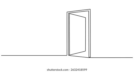 Door outline drawing illustration. one continuous line drawing of opened door, A modern line art depiction of an open door in one continuous line, Open door one line illustration, welcome sign minimal