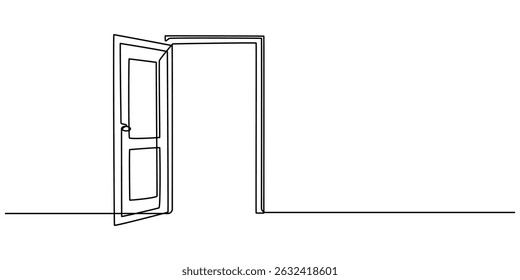 Door outline drawing illustration. one continuous line drawing of opened door, A modern line art depiction of an open door in one continuous line, Open door one line illustration, welcome sign minimal