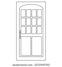 Door outline with glass windows and door knob isolated on white background. Vector clipart.