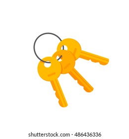 Door Or Padlock Keys On Key Ring Vector Illustration Isolated On White Background, Bunch Of Golden Keys On Keyring Flat Cartoon Style