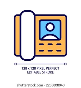 Door phone pixel perfect RGB color icon. Guest and resident communication. Intercom appliance. Video device. Utility service. Isolated vector illustration. Simple filled line drawing. Editable stroke