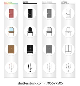A door, a piece of furniture a dressing table, a wardrobe, a candlestick. Furniture set collection icons in cartoon black monochrome outline style vector symbol stock illustration web.