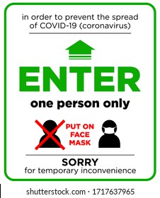 Door Plate - Entrance For Only One Person Using A Face Mask. Preventive Measure Against Infection With COVID-19 (coronavirus). Illustration, Vector