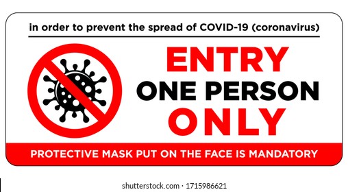 Door Plate On The Door - Entrance For Only One Person Using A Face Mask. Preventive Measure Against Infection With COVID-19 (coronavirus). Illustration, Vector