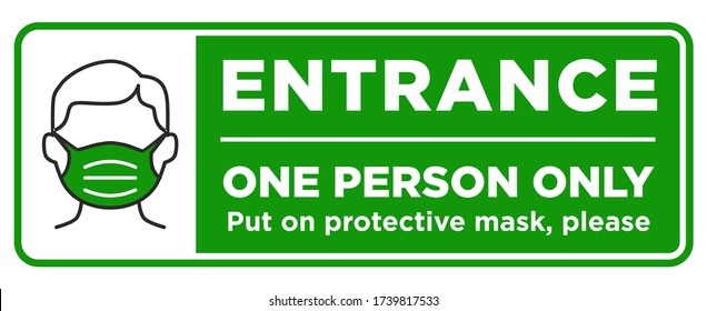 Door Plate On The Door Entrance For Only One Person Using A Face Mask. Preventive Measure Against Infection With COVID-19 (coronavirus). Illustration, Vector