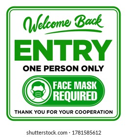 Door plate on door entrance for only one person using face mask. Face mask required sign. Preventive measure against infection with COVID-19 (coronavirus). Illustration, vector