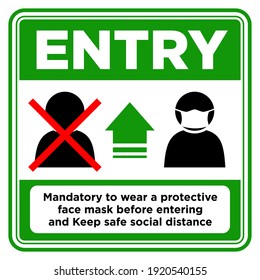 Door plate on door entrance for using face mask only. Face mask required sign. Preventive measure against infection with COVID-19 (coronavirus). Illustration, vector