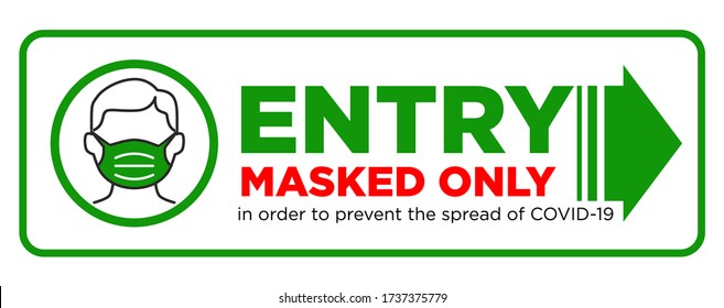 Door plate on the facade door. Entrance for only person using a face mask. Preventive measure against infection with COVID-19 (coronavirus). Illustration, vector