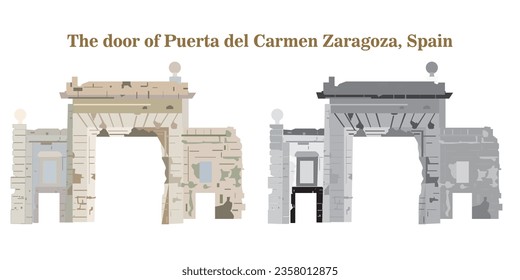 The door of Puerta del Carmen Zaragoza, Spain, in earth tones, black and white and silhouette on white background.Tourism concept