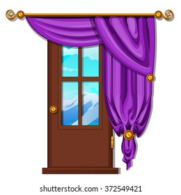 A door with a purple curtain. Vector.