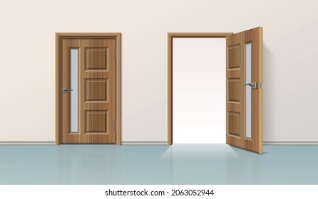 Door realistic composition with view of solid room wall with similar wooden doors closed and open vector illustration