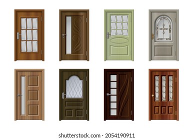 Door realistic set with eight isolated doors of vintage style and modern design with door windows vector illustration