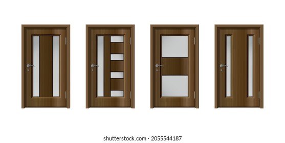 Door realistic set of four isolated wooden doors with brown wooden surface and different window configurations vector illustration