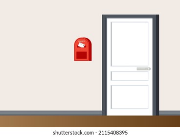 Door and Red mailbox with letter. Empty wall, place for text. Entrance to the apartment or house. Delivery service. Design in flat style.
