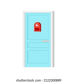 Door and Red mailbox with letter. Empty wall, place for text. Entrance to the apartment or house. Delivery service. Design in flat style.