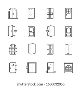 Door related icons: thin vector icon set, black and white kit